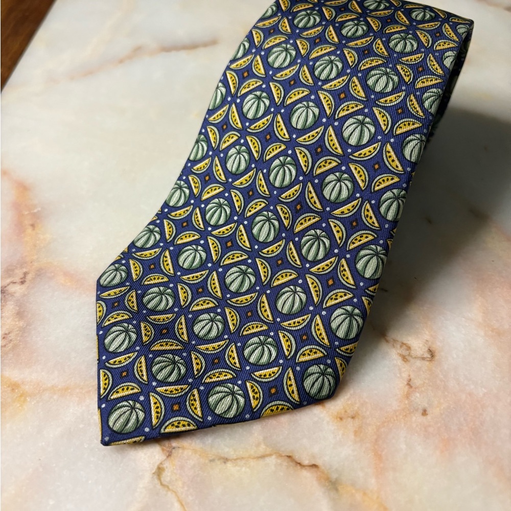 Hermes Blue and Yellow Melon/Fruit Men's 100% Silk Tie